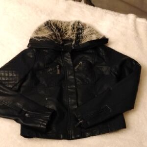 Faux Fur Collar Black Leather Jacket by J2.